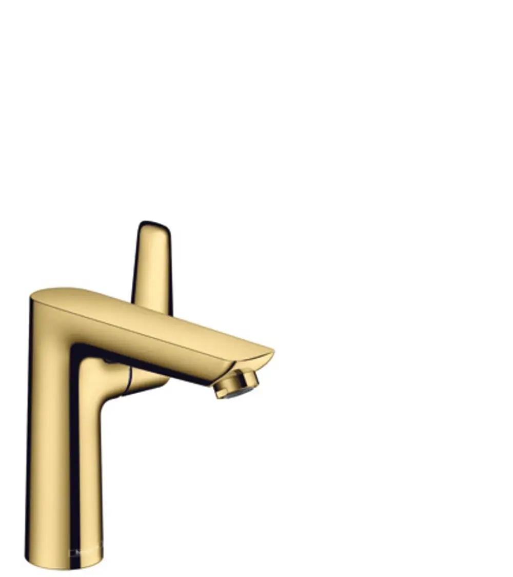 Hansgrohe-Waschtischmischer in glänzender Goldoptik mit einem Hebel und einem Lufteinlass. Minimalistisches Design für moderne Badezimmer.
